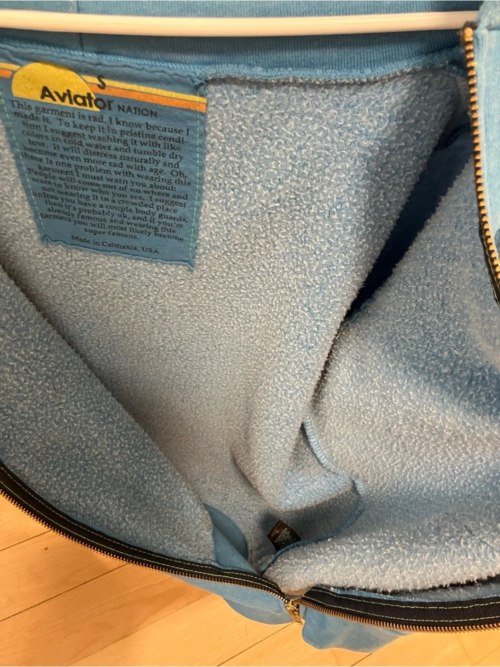 Aviator Nation Light Blue Zip Hoodie with Retro Sunset Stripes, Women’s Small - Picture 5 of 6